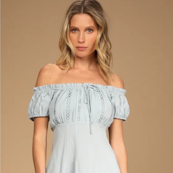 Lulus Wisteria Light Blue Embroidered Off-the-Shoulder Mini Dress Size Medium - Picture 2 of 9